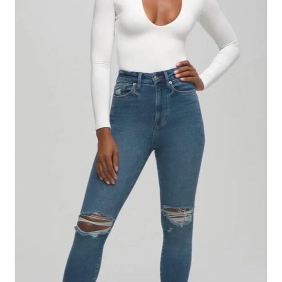 Good American Good Waist Distressed Raw Hem Cropped Skinny Medium Wash Size 2/26 - Picture 1 of 11